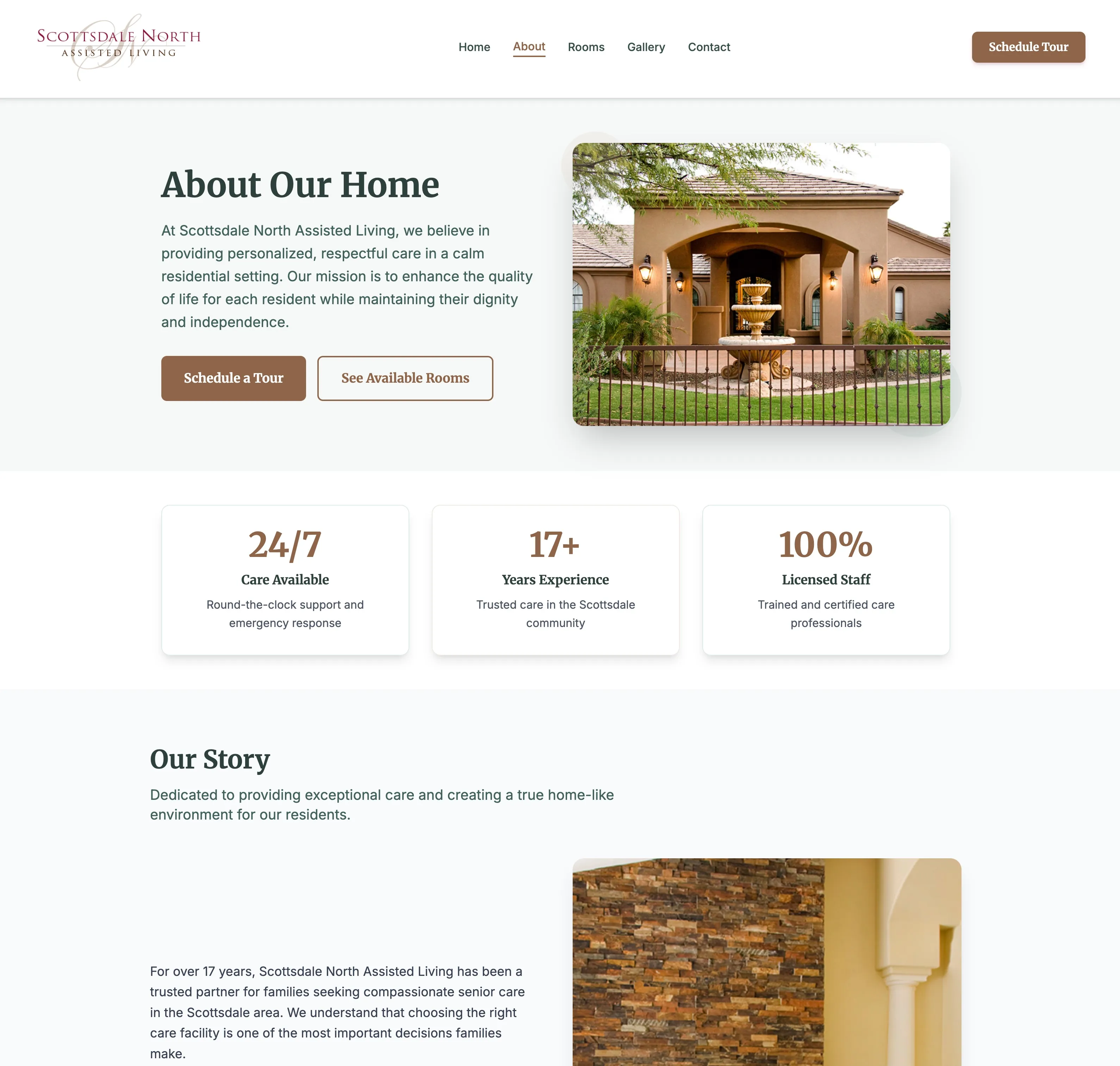 About page — résumé of care, with the property's front facade and a statistics row.