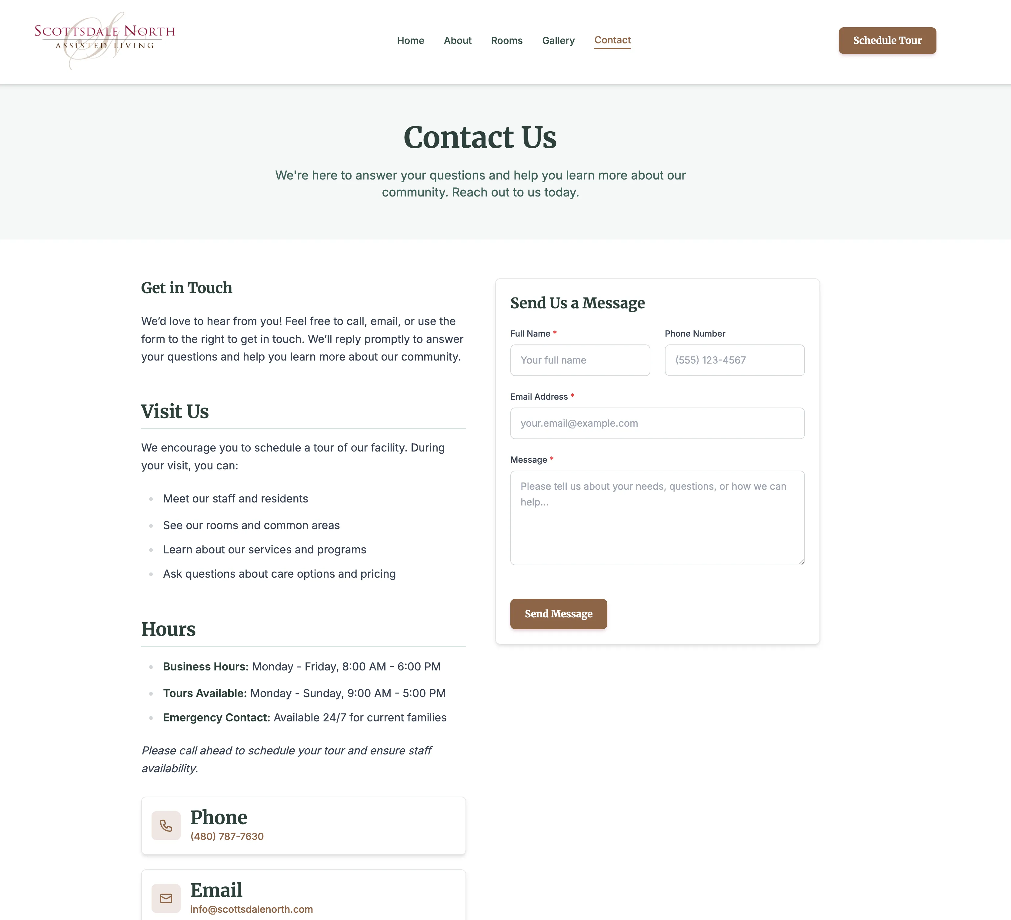 Contact page — get-in-touch column on the left, message form and tour scheduling on the right.